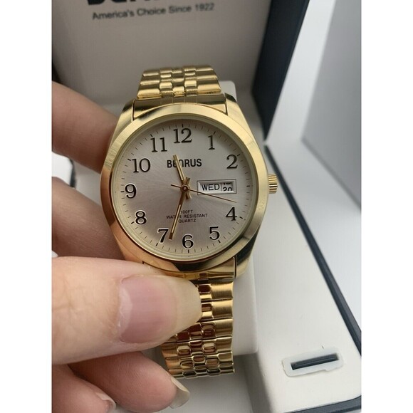 Benrus Mens Gold Tone Calendar Watch Stretch With Box Never Worn Silver Face - Picture 3 of 8